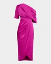 Theia Rayna Draped One-shoulder High-low Gown In Pink
