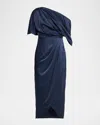 Theia Rayna Draped One-shoulder Satin Midi Dress In Blue