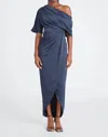 Theia Rayna One Shoulder Draped Gown In Odyssey Grey In Multi