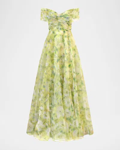 Theia Ryan Pleated Off-shoulder Organza Gown In Yellow