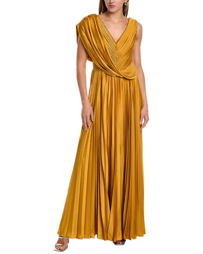 Theia Satin Pleated A-line Gown In Gold