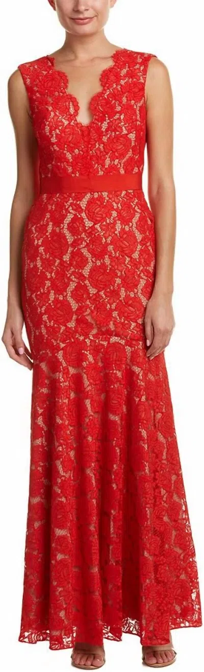 Theia Scalloped V-neck Floral Lace Dress In Red Nude