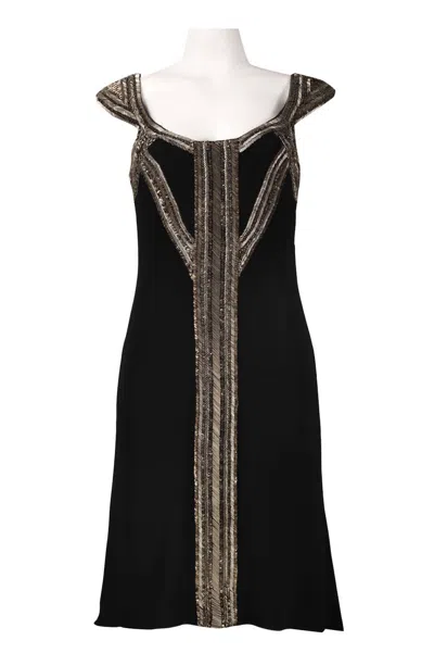 Theia Scoop Neck Mixed Bead Trim Detail High Low Crepe Dress In Black