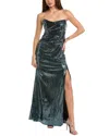 Theia Skye Draped Strapless Gown In Blue