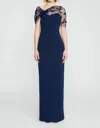 THEIA SOPHIA BEADED SHAWL GOWN IN NAVY