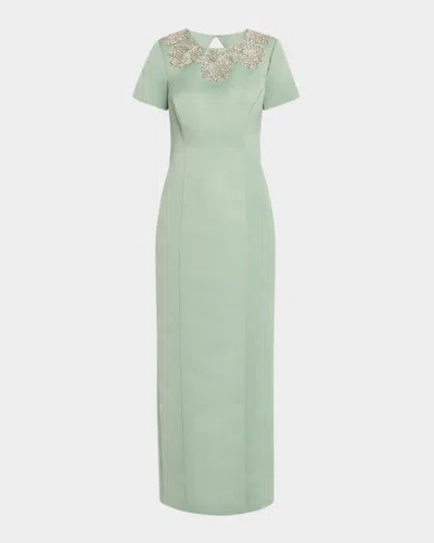 Theia Sorelia Beaded Duchess Satin Column Gown In Green