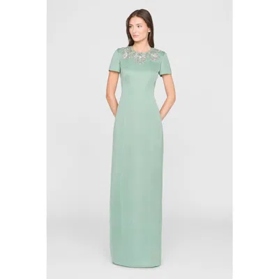 Theia Sorelia Beaded Duchess Satin Column Gown In Green