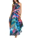 Theia Stacy Abstract Print Crossover Neck Faux Wrap Gown In Multi