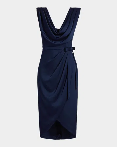 Theia Stephanie Satin Wrap Midi Cocktail Dress In Blue