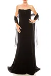 Theia Strapless Embroidered Neckline A-line Crepe Dress In Black In Black