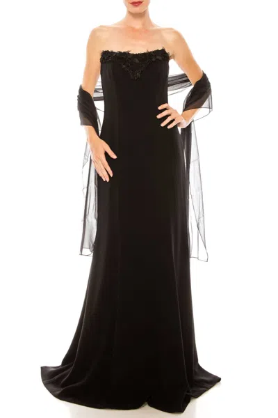 Theia Strapless Embroidered Neckline A-line Crepe Dress In Black