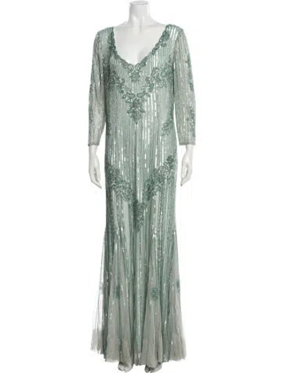 Pre-owned Theia Striped Long Dress In Green