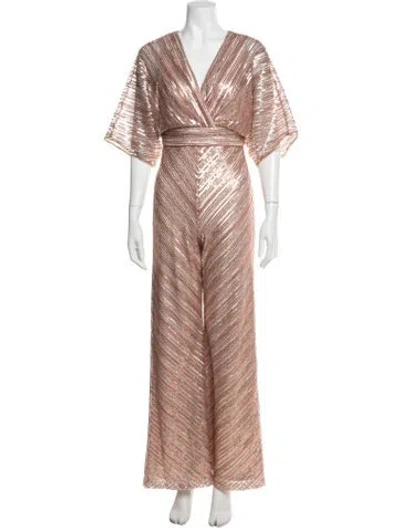 Pre-owned Theia Striped V-neck Jumpsuit In Pink