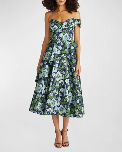 Theia Tatum Floral Peplum A-line Midi Dress In Navy