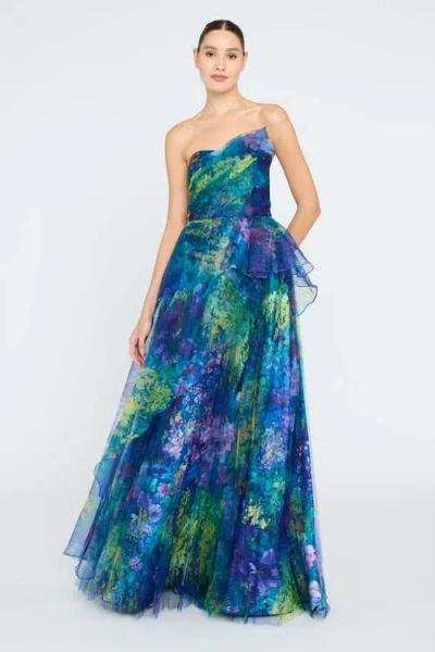 Theia Taya Strapless Organza Gown In Blue