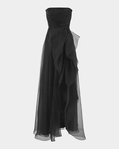 Theia Teresa Draped Strapless Gown In Black