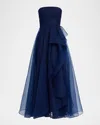 Theia Teresa Draped Strapless Gown In Blue