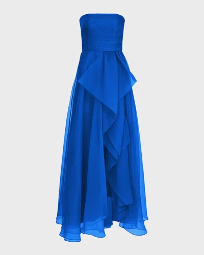Theia Teresa Draped Strapless Gown In Blue