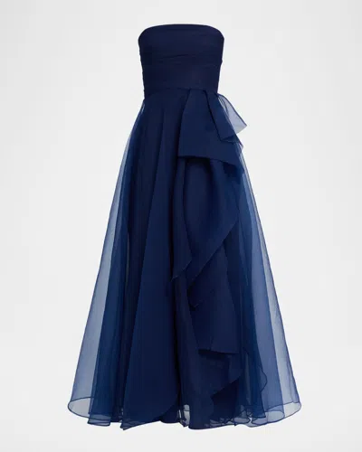 Theia Teresa Draped Strapless Gown In Blue