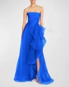 Theia Teresa Draped Strapless Gown In Brilliant Blue