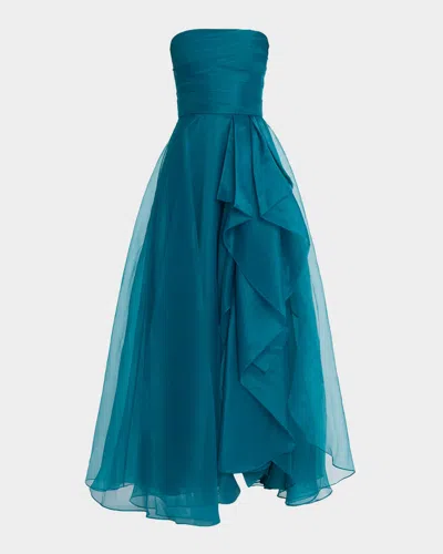 Theia Teresa Draped Strapless Gown In Blue