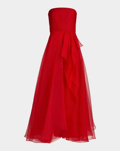 Theia Teresa Draped Strapless Gown In Red