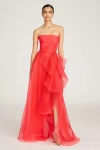 Theia Teresa Strapless Draped Gown In Red