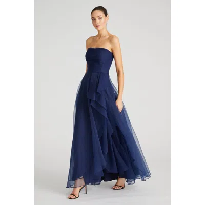 Theia Teresa Strapless Draped Gown In Blue