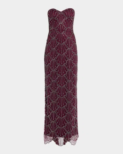 Theia Tessa Strapless Beaded Column Gown In Burgundy