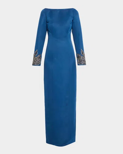Theia Thea Embroidered Duchess Satin Column Gown In Blue