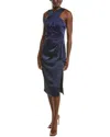 Theia Tierra Pleated Crossover Satin Midi Dress In Blue