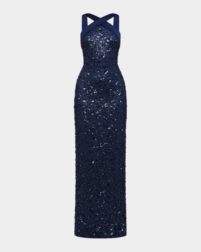 Theia Velina Pleated Floral Applique Mikado Gown In Blue