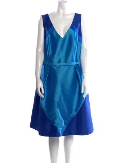 Pre-owned Theia V-neck Knee-length Dress In Blue