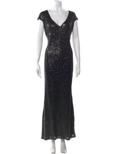 Pre-owned Theia V-neck Long Dress In Black