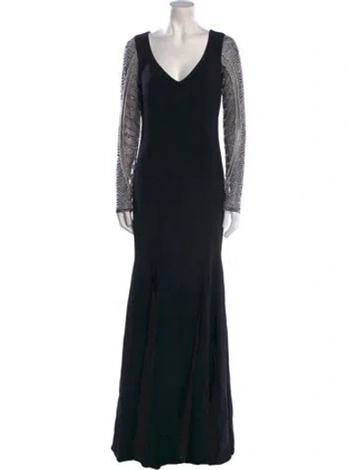 Pre-owned Theia V-neck Long Dress In Black