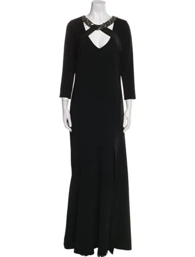 Pre-owned Theia V-neck Long Dress In Black