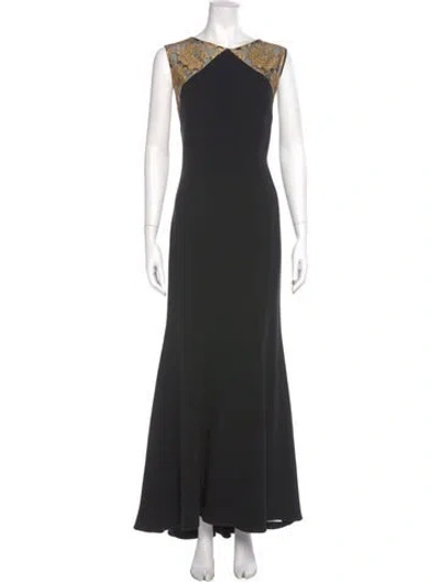 Pre-owned Theia V-neck Long Dress In Black
