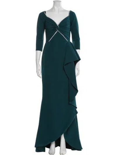 Pre-owned Theia V-neck Long Dress In Blue