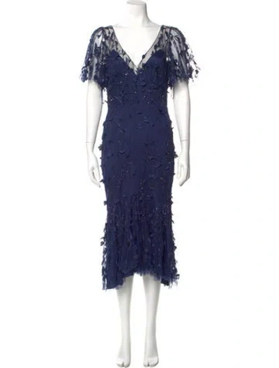 Pre-owned Theia V-neck Long Dress In Blue