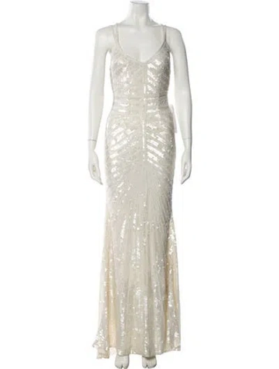 Pre-owned Theia V-neck Long Dress In Gold