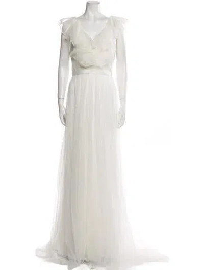Pre-owned Theia V-neck Long Dress W/ Tags In White