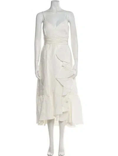 Pre-owned Theia V-neck Long Dress In White