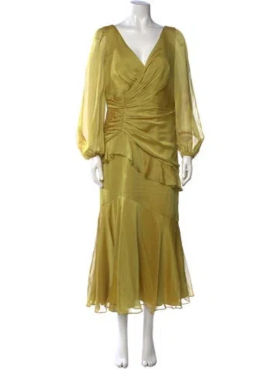 Pre-owned Theia V-neck Long Dress In Yellow