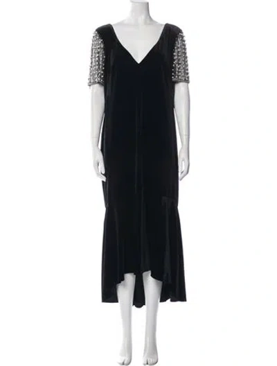 Pre-owned Theia V-neck Midi Length Dress In Black