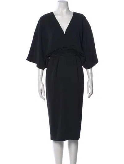 Pre-owned Theia V-neck Midi Length Dress In Blue