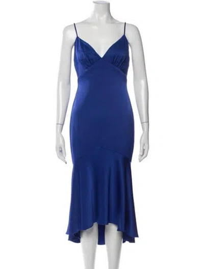 Pre-owned Theia V-neck Midi Length Dress In Blue
