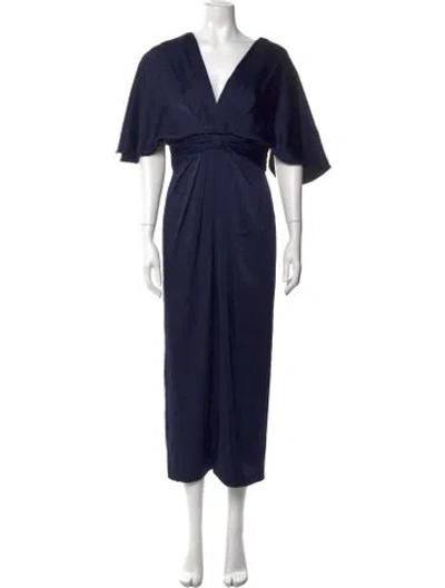 Pre-owned Theia V-neck Midi Length Dress In Blue