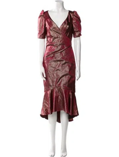 Pre-owned Theia V-neck Midi Length Dress In Burgundy