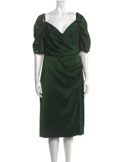 Pre-owned Theia V-neck Midi Length Dress In Green