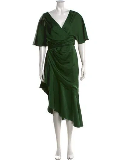 Pre-owned Theia V-neck Midi Length Dress In Green